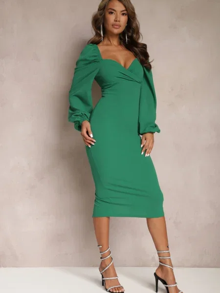 Rochie midi petrecută cu mâneci bufante Revie verde
