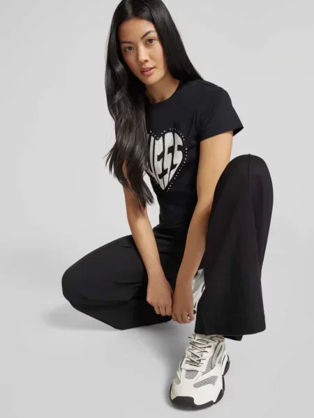Guess Koszulki Kobieta M Serce Rhinestone Crew Neck Tee czarny