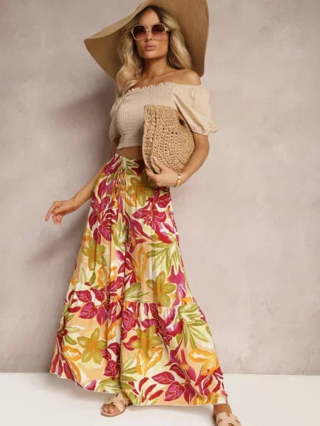 Żółto-Różowe Spodnie High Waist z Typu Palazzo z Gumkami w Talii Haestria żółte