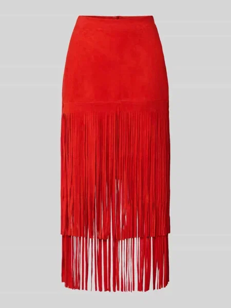 Spódnica skórzana z frędzlami i zamkiem błyskawicznym z tyłu Marc Cain czerwona