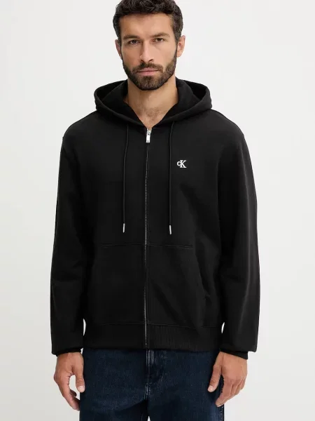 Bombažen pulover Calvin Klein Jeans s kapuco črna