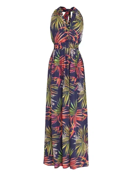 Sukienka maxi Lygia & Nanny z nadrukiem w tropikalny nadruk garniturowa niebieska