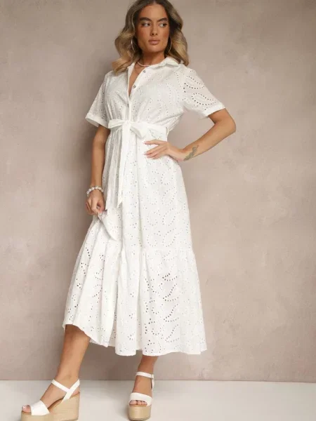 Ażurowa Sukienka z Bawełny Koszulowa Ozdobiona Fevorette biała
