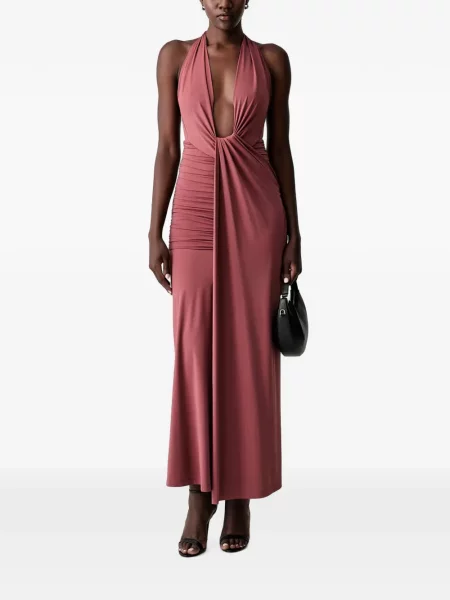 Rochie maxi Bardot cu volane cu gât halter roz