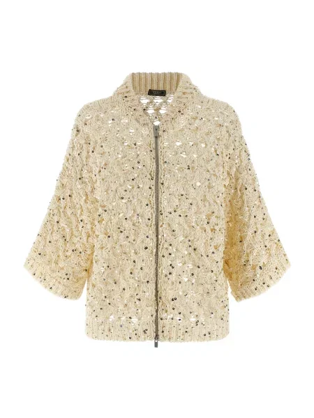 Maksi kardigan Peserico z cekinami z siateczką beżowy