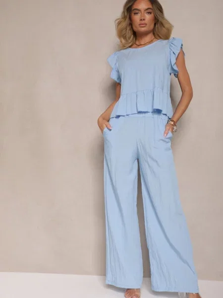 Komplet z Wiskozą Spodnie o Szerokim Kroju i Bluzka z Baskinką Evellimi niebieski