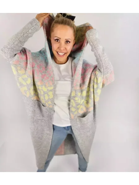 Cardigan Pri de lână cu model leopard lung gri