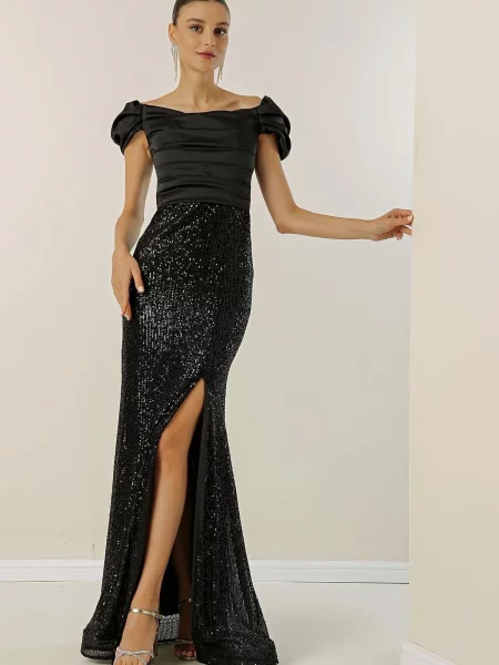 Gulerat rochie By Saygı din satin drapată negru