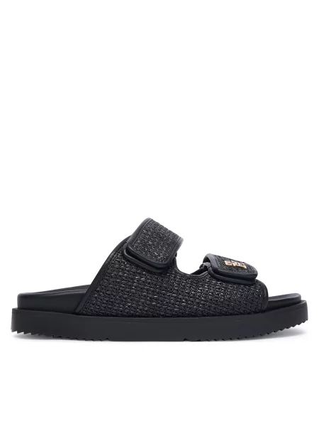 Tommy Hilfiger natikači DOUBLE STRAP RAFFIA SANDAL črna