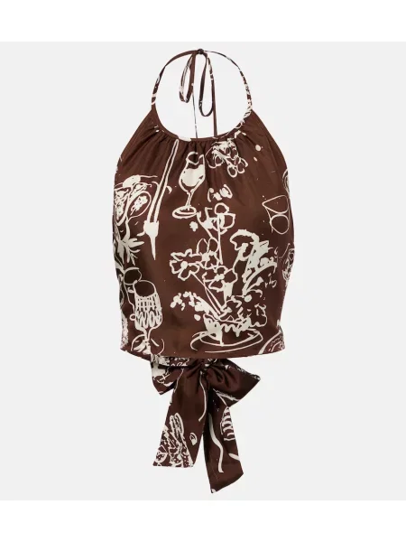 Top scurt Asceno de mătase cu imagine cu gât halter maro