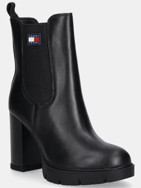 Tommy Jeans cizme de piele TJW LEATHER HEEL BOOT cu drept izolare usoara negru