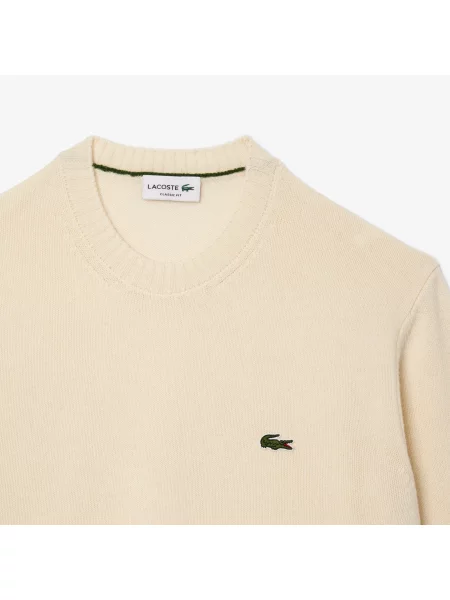 Lacoste Wełniany Sweter Z Okrągłym Kolnierzykiem Ecru biały