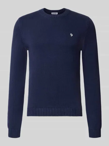 Sweter z dzianiny z prążkowanymi wykończeniami Review granatowy