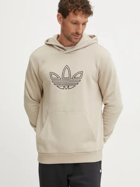 Суичър с качулка Adidas Originals с качулка с принт бежово