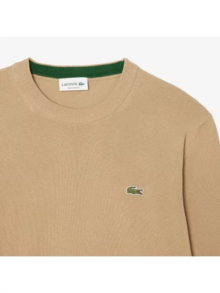 Lacoste Jednokolorowy Sweter Z Okrągłym Dekoltem Brązowy beżowy