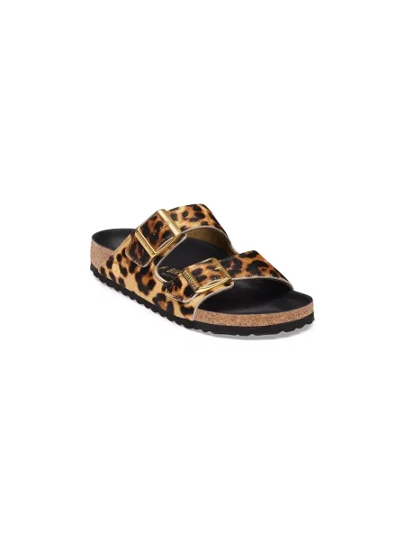 Birkenstock Arizona FUR Leo Natural HEX klapki na płaskim skórzane brązowe