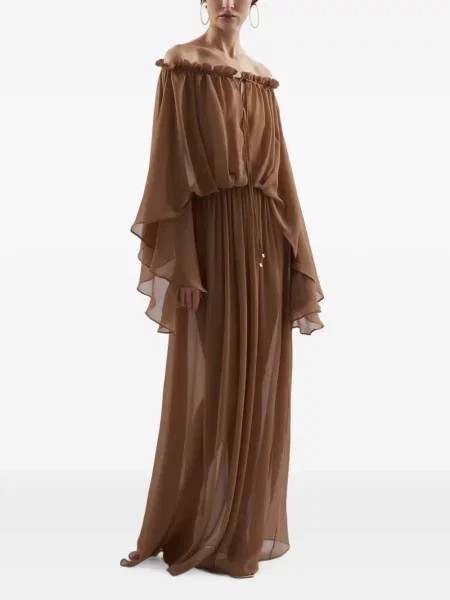 Rochie maxi Taller Marmo de mătase cu umerii deschiși maro