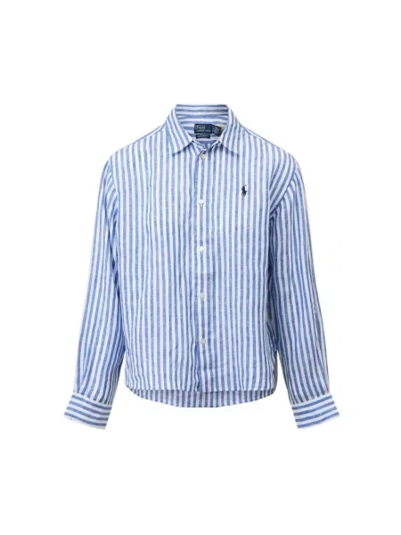 Ralph Lauren Bluzki i koszule Kobieta L Len Szeroka Krótka Koszula w Kratę Gingham z Lnu Polo Ralph Lauren niebieski