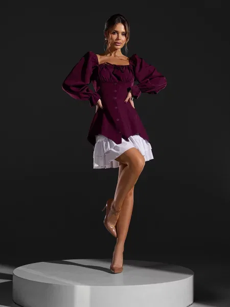 Сукня міні ISSA Plus комбінований верх бордовий