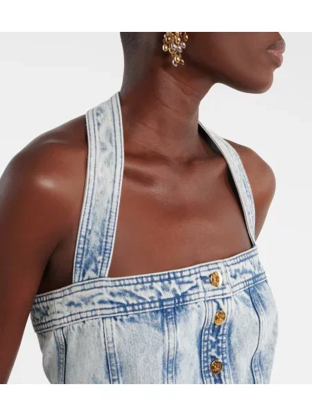 Rochie din denim Patou cu gât halter albastru