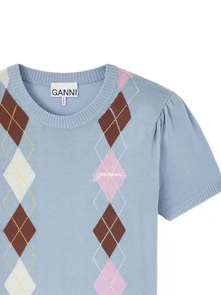 Tricou Ganni cu model argyle albastru