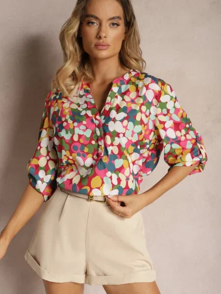 Ciemnoróżowa Koszula w Abstrakcyjny Kwiatowy Wzór z Przy Dekolcie Exina różowa