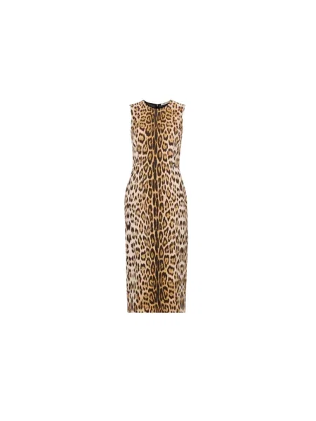 Sukienka midi Roberto Cavalli bez rękawów do kolan skórzana brązowa