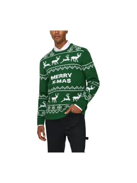 Dzianinowy sweter Only & Sons z nadrukiem z długim rękawem zielony
