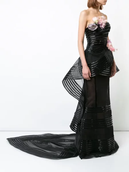 Rochie Marchesa cu model floral fără bretele negru