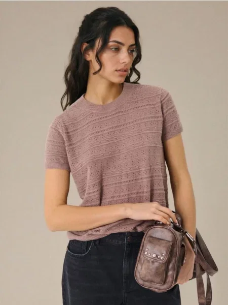 Трикотажна блузка з ажурним візерунком і домішкою льону кавовий