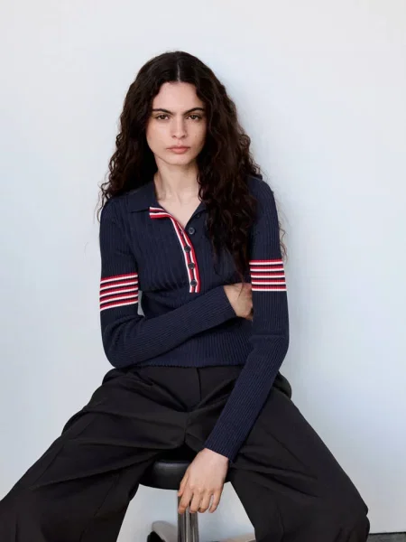 Sweter z kołnierzykiem polo w paski Kobieta S MANGO granatowy
