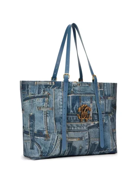 Geantă shopper Roberto Cavalli cu model piele de șarpe albastru