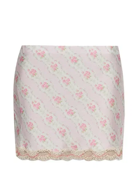 Fusta mini Loveshackfancy cu model floral cu imagine din dantelă roz