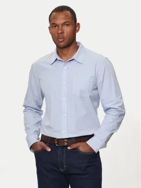 Риза Guess Jeans мъжка с кройка по тялото с класическа яка синьо