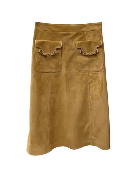 Fustă midi Gucci din piele de căprioară maro