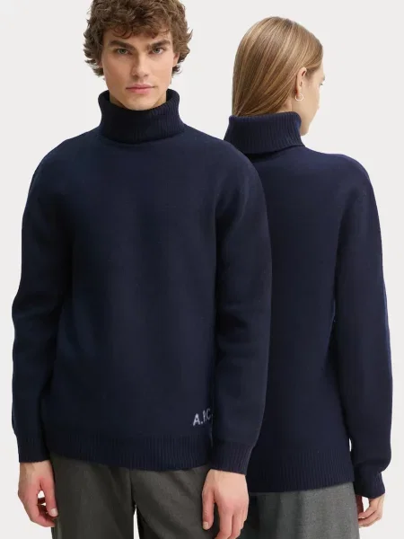 A.P.C. pulover de lana pull walter marin cu guler albastru