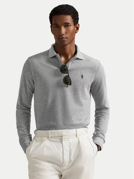 Dugo mrežasta polo majica Polo Ralph Lauren s vezom siva