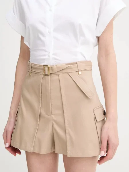 Къс панталон Marciano Guess CINDY с изчистен дизайн с висока талия бежово