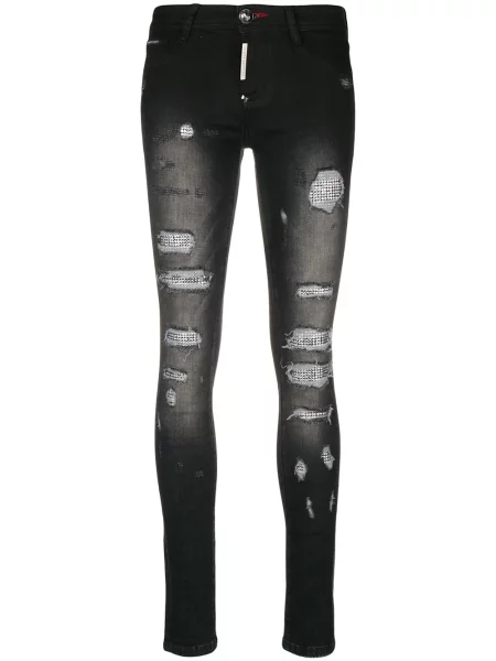 Skinny jeansy skinny Philipp Plein z przetarciami czarne
