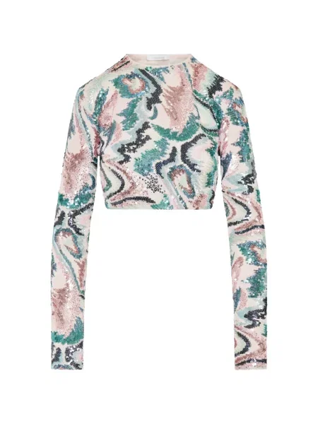 Tricou Rabanne cu paiete cu imprimeu abstract roz