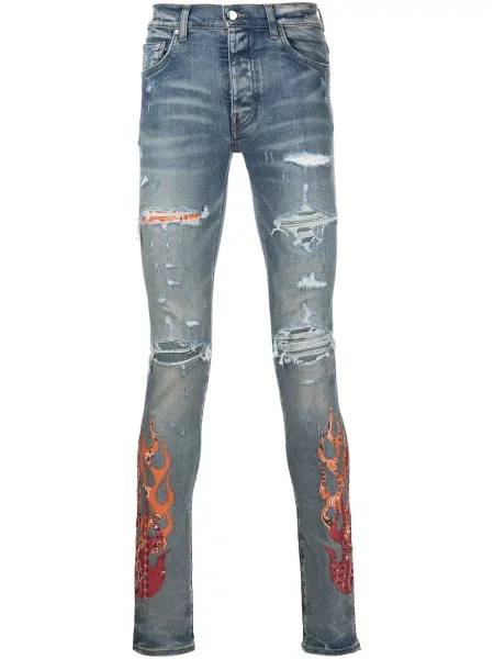 Слаб дънки skinny fit Amiri с разкъсвания с пейсли десен синьо