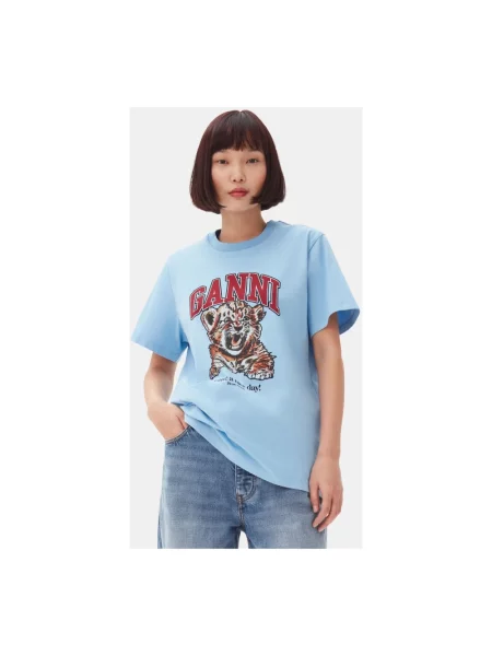 T-shirt basic Ganni w tygrysie prążki z dżerseju z dekoltem w kształcie litery U niebieski