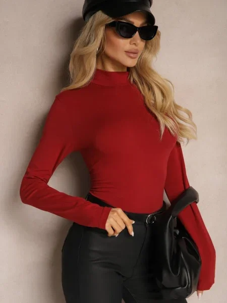 Bordowa Bluzka Typu Longsleeve z Półgolfem Riata