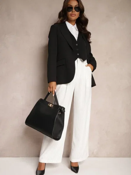 Pantaloni Largi Albi în Stil Costum cu Dungi Fine Tsalena alb