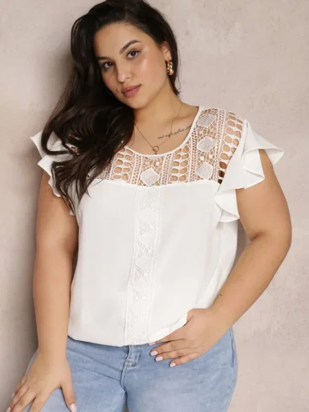 Bluză cu Volane în Jurul Umerilor și Dantelă Ajurată la Decolteu Dastisa albă