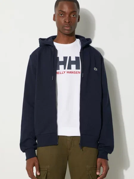 Dukserica Lacoste za muškarce tamno s kapuljačom glatka plava