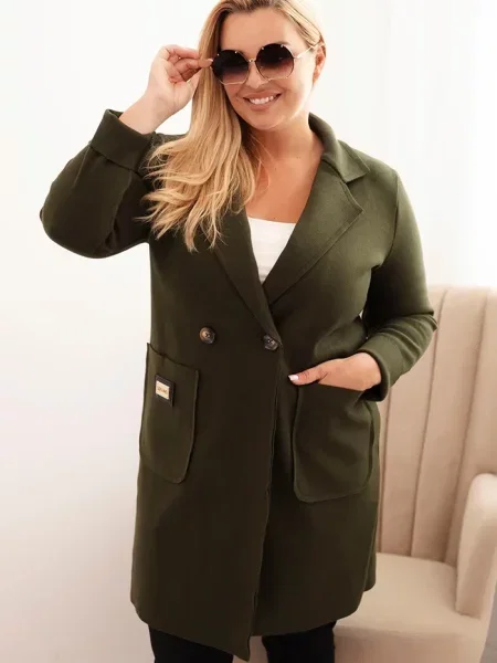 Kesi Włoski Dámsky elegantný kabát Plus Size s golierom a veľkými khaki
