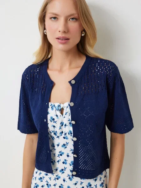 Happiness İstanbul Navy Blue Openwork Seasonal Knitwear Cardigan albastru