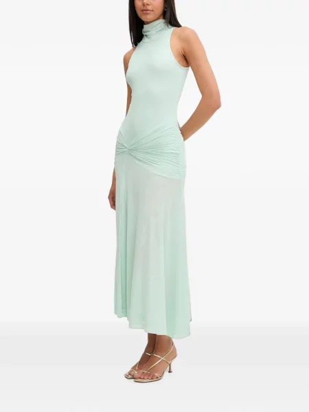 Rochie midi Bardot fără mâneci cu volane verde