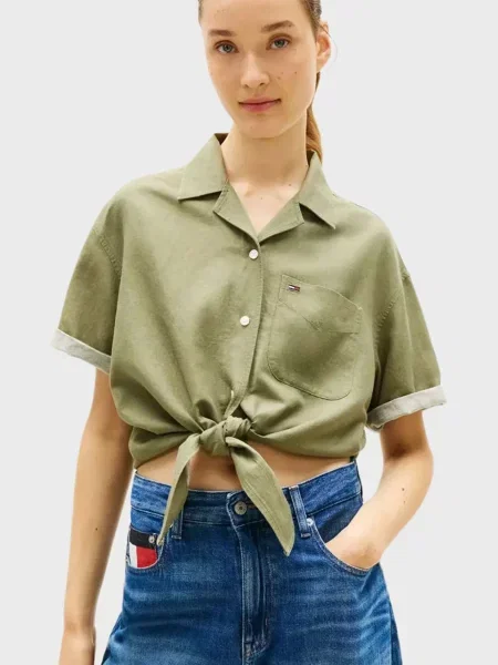 Лляна джинсова сорочка Tommy Jeans на завʼязках